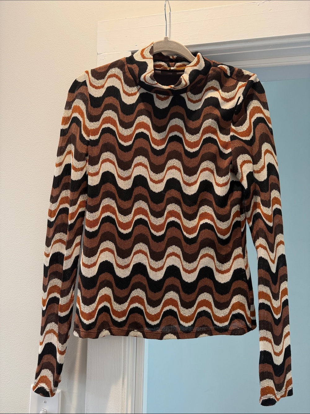 Ramy Brook Brown Multi Wavy Stripe Turtleneck Top